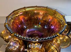 Indiana Glass Princess Amber Carnival Harvest Grape Punch Bowl, 12 Cups&Hooks