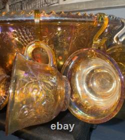 Indiana Glass Princess Amber Carnival Harvest Grape Punch Bowl, 12 Cups&Hooks