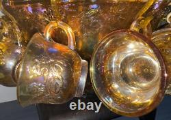 Indiana Glass Princess Amber Carnival Harvest Grape Punch Bowl, 12 Cups&Hooks