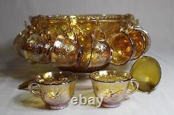 Indiana Glass Princess Amber Carnival Punch Bowl Set WithBowl, 12 Cups & Ladle