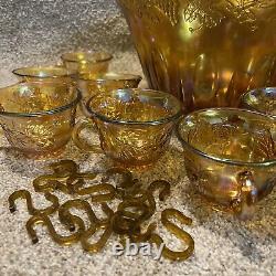 Indiana Glass Punch Bowl Set Carnival Iridescent Amber Gold Harvest Grape
