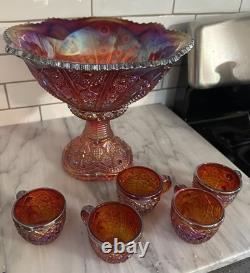 Indiana Glass Red Iridescent Sunset Heirloom Carnival Glass 7 Punch Bowl MCM Uv