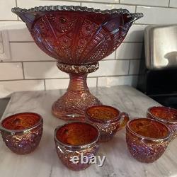 Indiana Glass Red Iridescent Sunset Heirloom Carnival Glass 7 Punch Bowl MCM Uv