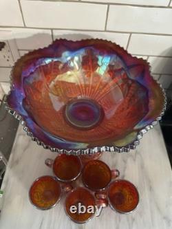 Indiana Glass Red Iridescent Sunset Heirloom Carnival Glass 7 Punch Bowl MCM Uv