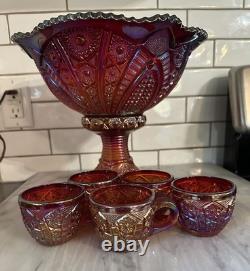 Indiana Glass Red Iridescent Sunset Heirloom Carnival Glass 7 Punch Bowl MCM Uv