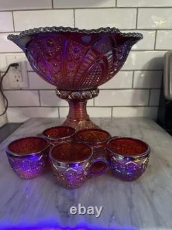 Indiana Glass Red Iridescent Sunset Heirloom Carnival Glass 7 Punch Bowl MCM Uv