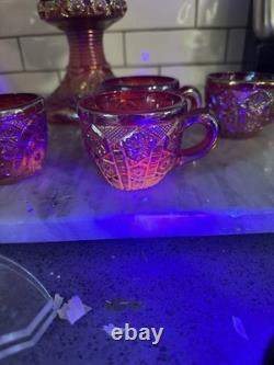 Indiana Glass Red Iridescent Sunset Heirloom Carnival Glass 7 Punch Bowl MCM Uv