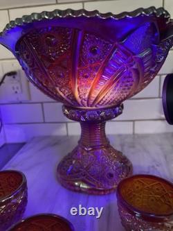 Indiana Glass Red Iridescent Sunset Heirloom Carnival Glass 7 Punch Bowl MCM Uv