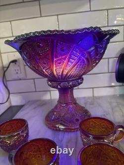 Indiana Glass Red Iridescent Sunset Heirloom Carnival Glass 7 Punch Bowl MCM Uv