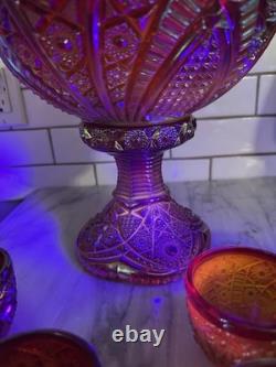 Indiana Glass Red Iridescent Sunset Heirloom Carnival Glass 7 Punch Bowl MCM Uv