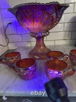 Indiana Glass Red Iridescent Sunset Heirloom Carnival Glass 7 Punch Bowl MCM Uv