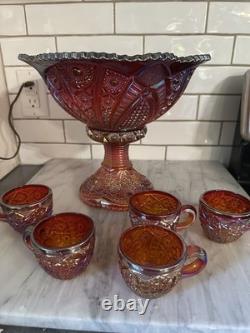 Indiana Glass Red Iridescent Sunset Heirloom Carnival Glass 7 Punch Bowl MCM Uv