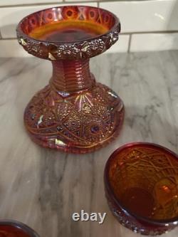 Indiana Glass Red Iridescent Sunset Heirloom Carnival Glass 7 Punch Bowl MCM Uv