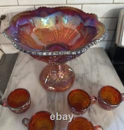 Indiana Glass Red Iridescent Sunset Heirloom Carnival Glass 7 Punch Bowl MCM Uv