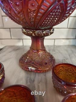 Indiana Glass Red Iridescent Sunset Heirloom Carnival Glass 7 Punch Bowl MCM Uv