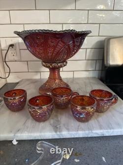 Indiana Glass Red Iridescent Sunset Heirloom Carnival Glass 7 Punch Bowl MCM Uv