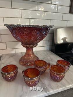 Indiana Glass Red Iridescent Sunset Heirloom Carnival Glass 7 Punch Bowl MCM Uv