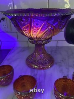 Indiana Glass Red Iridescent Sunset Heirloom Carnival Glass 7 Punch Bowl MCM Uv