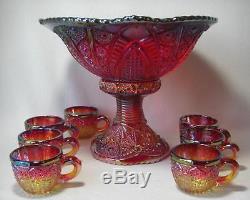 Indiana Glass Red Iridescent Sunset Heirloom Carnival Glass 9 pc Punch Bowl Set