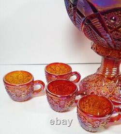 Indiana Glass Red Ruby Heirloom Sunset Carnival Punch Bowl Set 11 pc 8 Cups