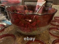 Indiana Glass Ruby Flash Vintage Punch Bowl and Footed Cups CHRISTMAS