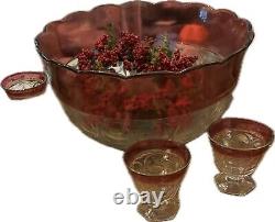 Indiana Glass Ruby Flash Vintage Punch Bowl and Footed Cups CHRISTMAS