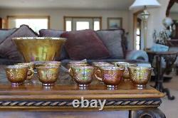 Indiana Glass Vintage Sawtooth Amber Grape Carnival Glass Punch Bowl & 12 Cups