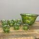 Indiana Green Carnival Glass Iridescent Punch Bowl withCups