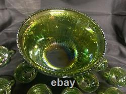 Indiana Green Carnival Glass Iridescent Punch Bowl withCups