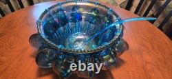 Indiana Harvest Blue Carnival Glass Iridescent Princess Punch Bowl Complete Set