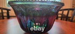 Indiana Harvest Blue Carnival Glass Iridescent Princess Punch Bowl Complete Set