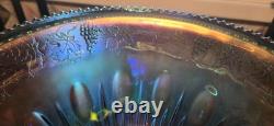 Indiana Harvest Blue Carnival Glass Iridescent Princess Punch Bowl Complete Set
