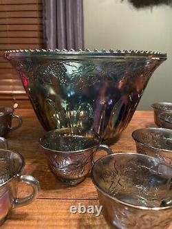 Indiana Harvest Grape Style Carnival Glass Punch Bowl Set 12 cups