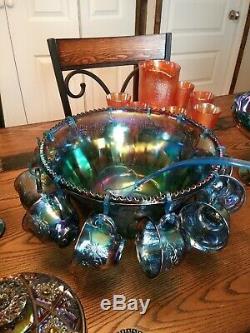 Indiana Harvest Grape Style Carnival Glass Set of Punch Bowl and 12 Cups