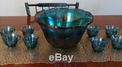 Indiana Harvest Grape Style Carnival Glass Set of Punch Bowl and 8 Cups