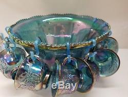 Indiana Harvest Iridescent Blue Carnival Glasspunchbowl12 Cups15 Hooksladle