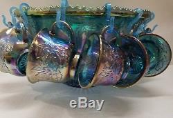 Indiana Harvest Iridescent Blue Carnival Glasspunchbowl12 Cups15 Hooksladle