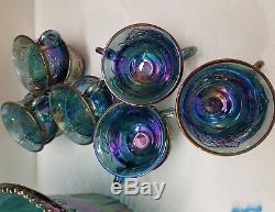 Indiana Harvest Iridescent Blue Carnival Glasspunchbowl12 Cups15 Hooksladle