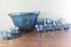 Indiana Iridescent Blue Carnival Glass Grape & Leaf Punch Bowl Set+ 12 Cups