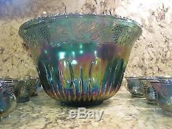 Indiana Iridescent Blue Carnival Glass Princess Punch Bowl & 20 Cup No damage