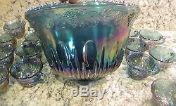 Indiana Iridescent Blue Carnival Glass Princess Punch Bowl & 20 Cup No damage