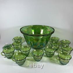 Indiana Iridescent Lime Green Carnival Glass Princess Punch Bowl & 12 Cups