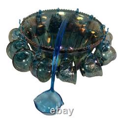 Indiana Iridescent Princess Blue Carnival Glass Punch Bowl, Cup Set Complete