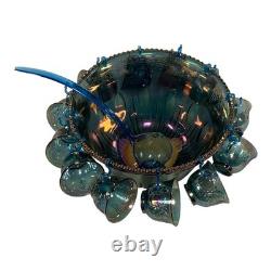 Indiana Iridescent Princess Blue Carnival Glass Punch Bowl, Cup Set Complete