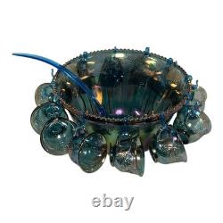 Indiana Iridescent Princess Blue Carnival Glass Punch Bowl, Cup Set Complete