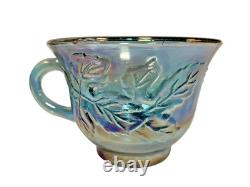 Indiana Iridescent Princess Blue Carnival Glass Punch Bowl, Cup Set Complete
