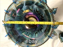 Indiana Iridescent Princess Blue Carnival Glass Punch Bowl, Cup Set Complete