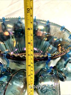 Indiana Iridescent Princess Blue Carnival Glass Punch Bowl, Cup Set Complete
