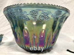 Indiana Iridescent Princess Blue Carnival Glass Punch Bowl, Cup Set Complete