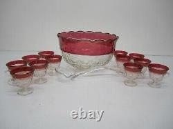 Indiana Lexington Thumbprint Flash Cranberry Punch Bowl 12 Cups Ladle Scalloped